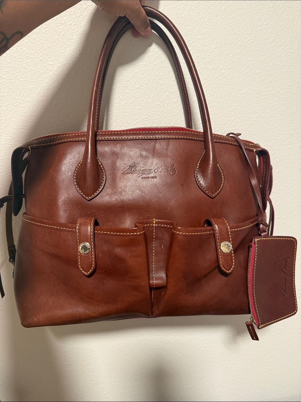 Dooney & Bourke Brown Leather Satchel with Red Zip Pouch